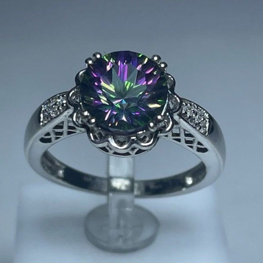 Mystic Topaz 8mm Round Concave Diamond 14K White Gold Ring